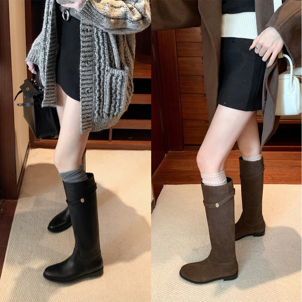 Cowhide Version ~ Same Style Korean Genuine Leather Small Gold Buckle Boots, Mid-Calf Boots, Slimming Long Boots, Women's Riding Boots