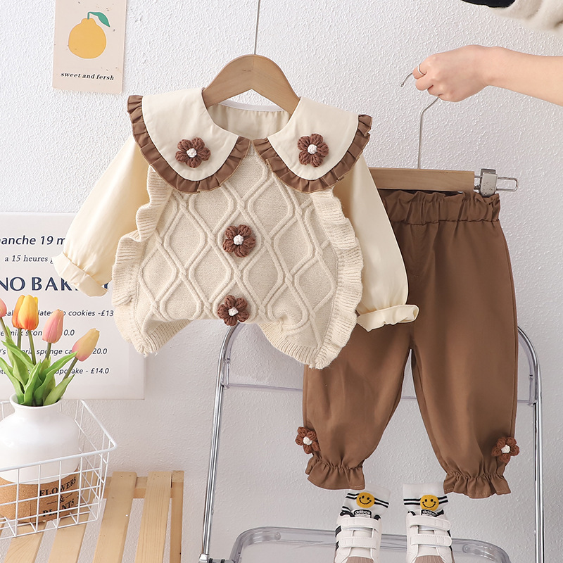 Picture of Spring and Autumn Net Red Western style vest sweater three-piece set foreign trade Girl's fashion Western style baby girl's clothing suit wholesale