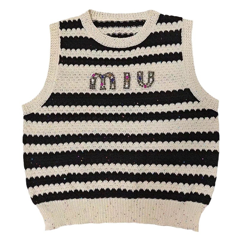Color-Block Striped Hollow Knit Tank Top for Women, Summer Chic Letter Beaded Loose Sleeveless Pullover Versatile Top