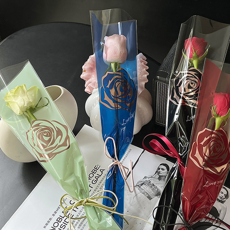 High-End Gold-Stamped Rose Flower Bag Bouquet Transparent Single-Stem Bag Floral Art Packaging Materials Flower Shop Supplies Packaging Materials
