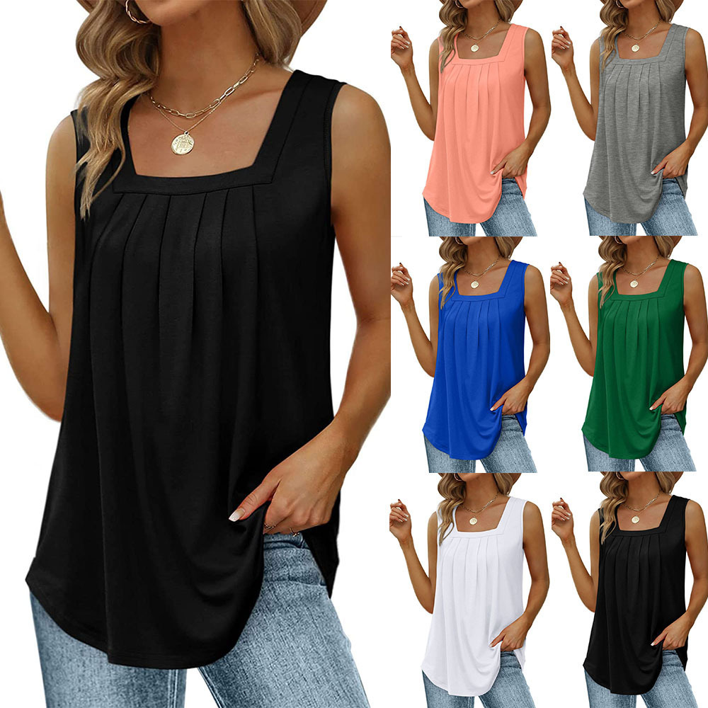 2024 new wish Amazon explosions European and American women's pleated square collar sleeveless dovetail vest T-shirt foreign trade women