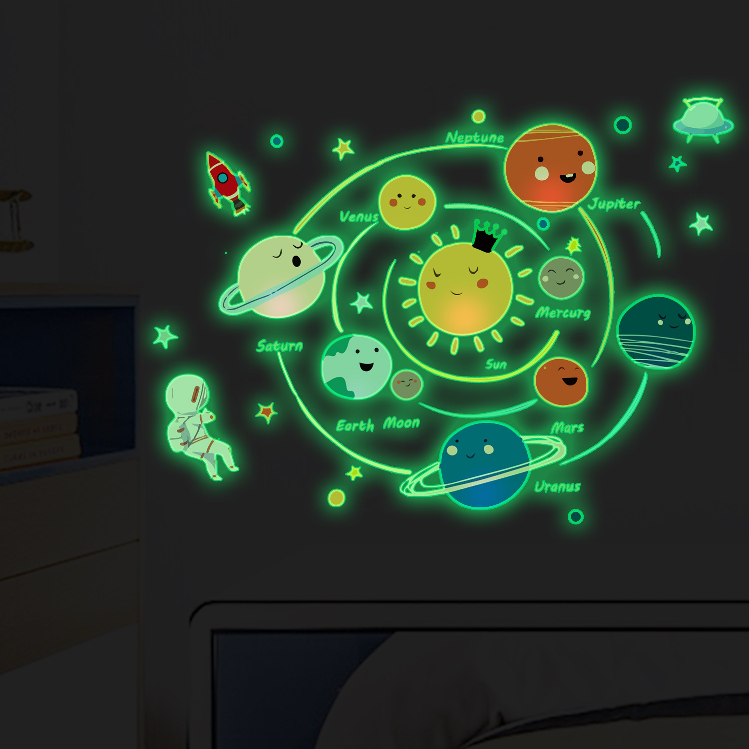 Cross-border Amazon Foreign Trade Luminous Nine Planet Wall Stickers Night Luminous Children's Room Wall Decoration Stickers