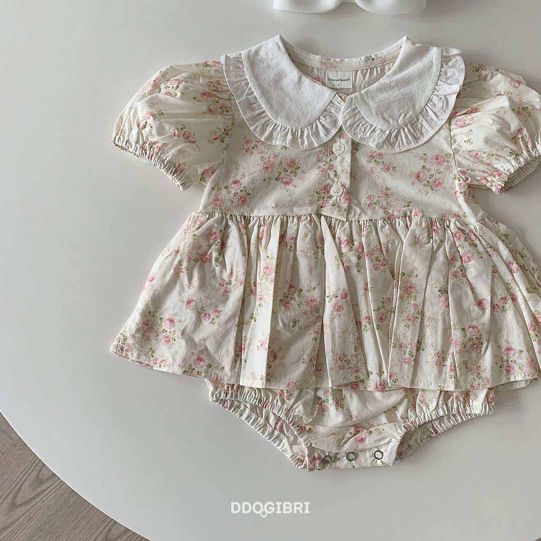 Girls' New Floral Jumpsuit Ruffled Doll Collar Bag Fart Skirt Baby Short-Sleeved Jumpsuit Princess Crawl Suit