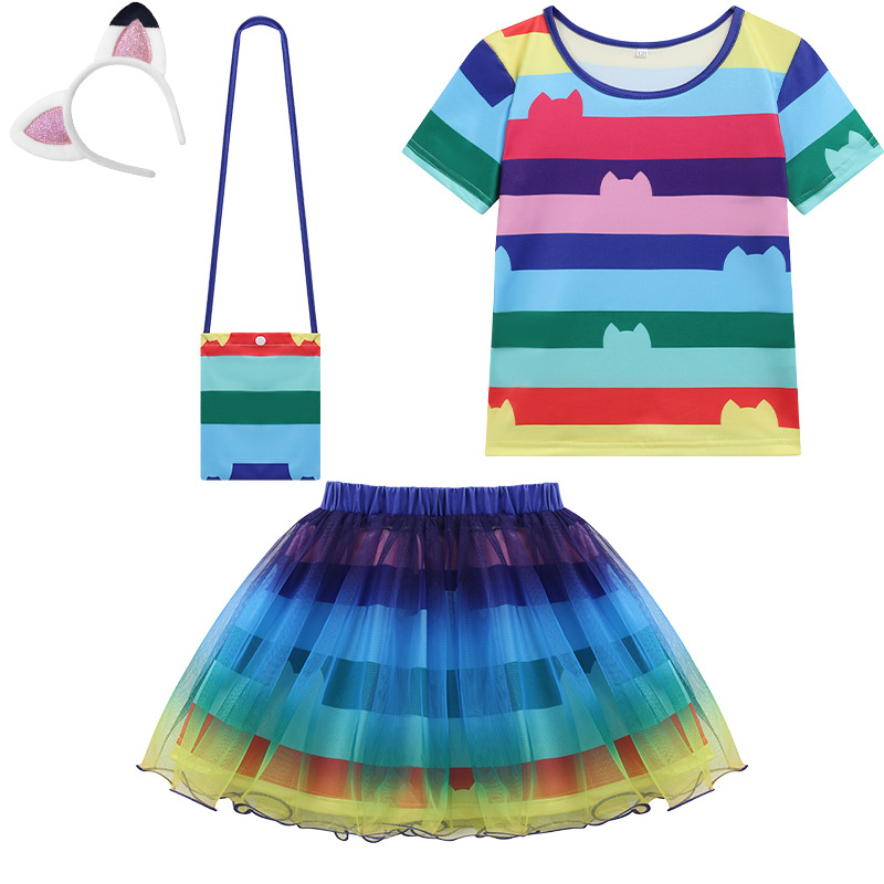 European and American Gabby's Doll Striped Puff Skirt Girls Mesh Three-Piece Set Short Sleeve Cute Birthday Gift with Bag