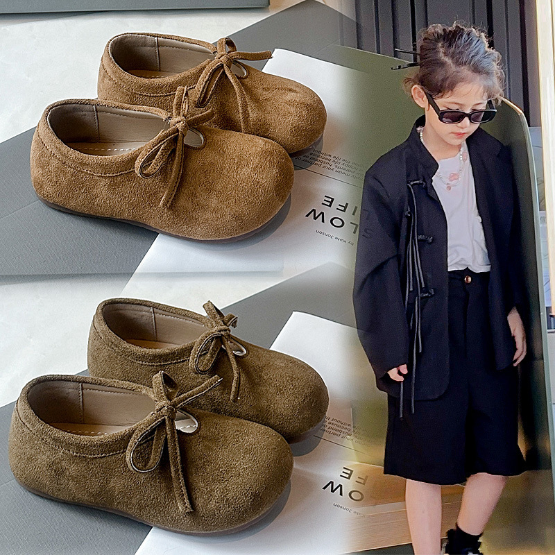 Spring and autumn anti-suede over-foot small leather shoes bow girls' Birkenstock single shoes shallow mouth, breathable, non-slip and versatile casual