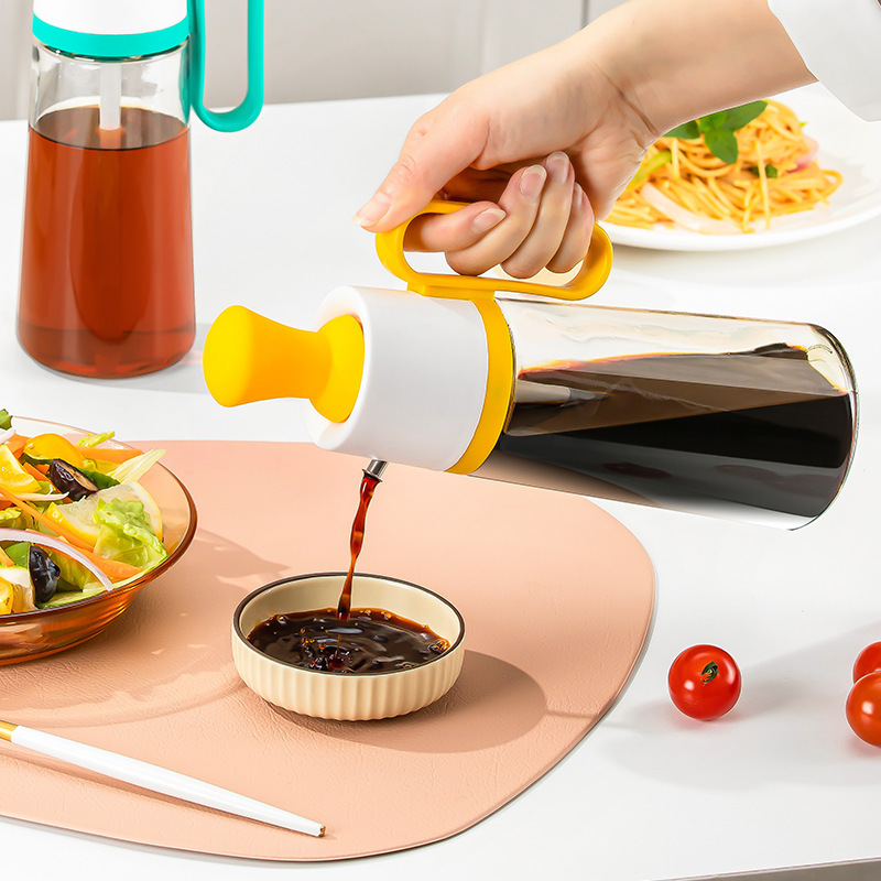 Picture of Kitchen supplies oil pot brush pour integrated glass seasoning bottle vinegar pot multi-functional seasoning bottle press metering seasoning tank