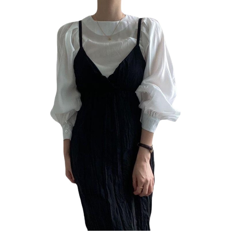 South Korea Chic French Style Simple Round Neck Puff Sleeve Shirt Women's Elegant All-match Shirt Women's Casual High-end Sense