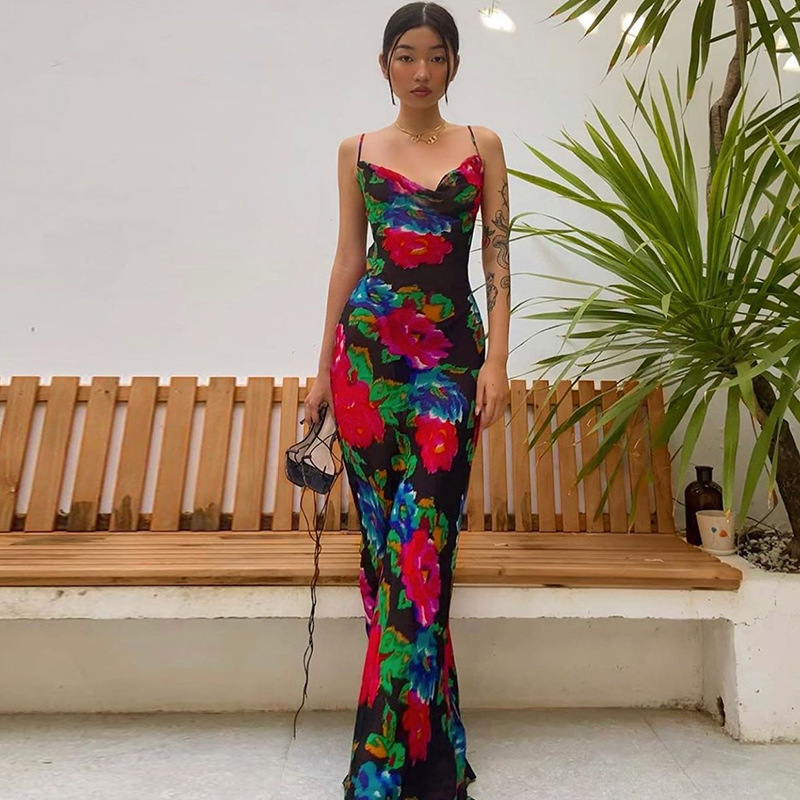Summer Print Slip Dres Genesis Vacation Pile Collar Sleeveless Suspender American Style Printed Skirt