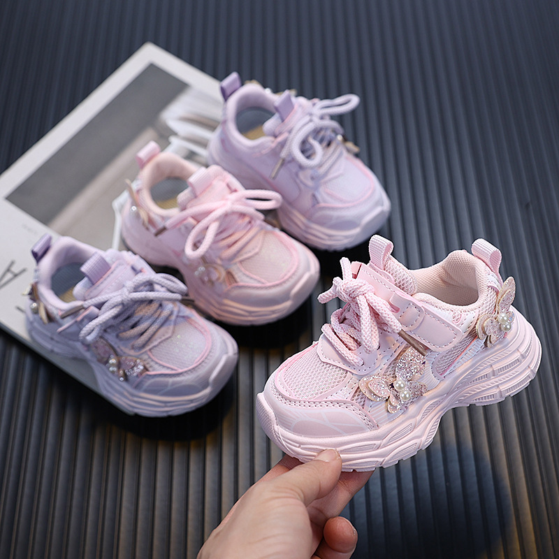 2025 Spring New Girls sneaker 1-2-3 Years Old Toddler Shoes Children Princess Style Pearl Mesh Casual Shoes