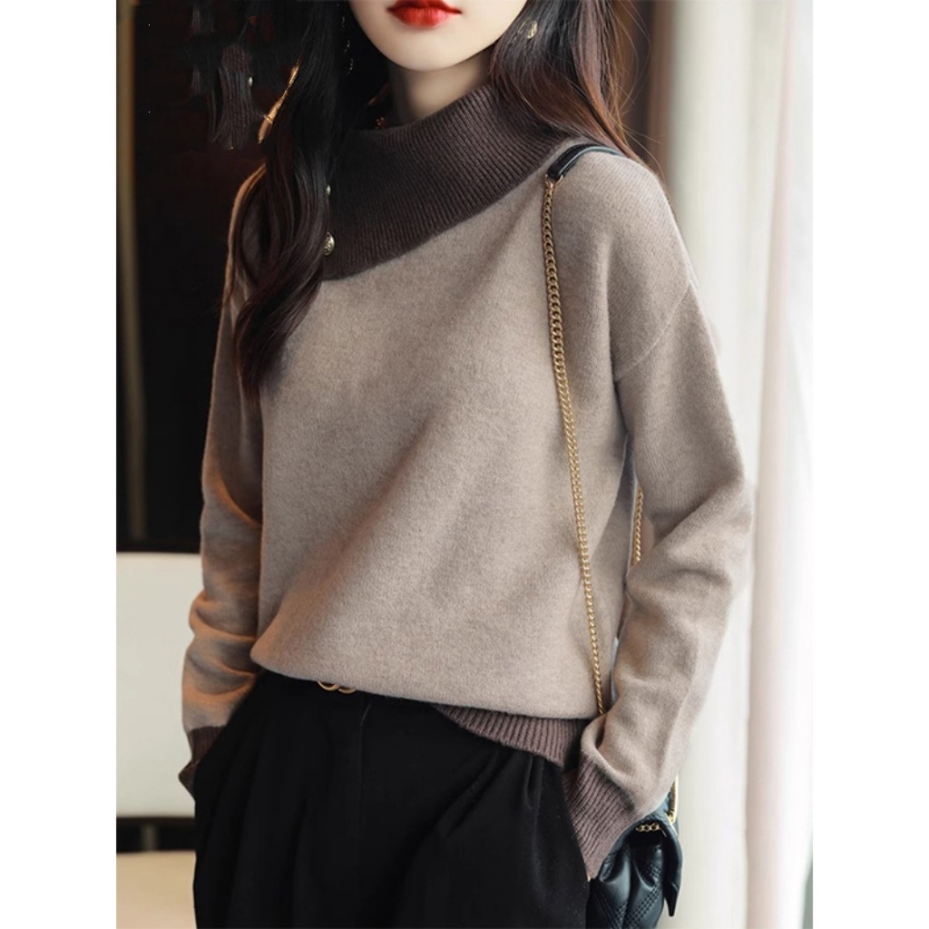 2024 Korean Style Design Sense Contrast Lapel Knitted Sweater Autumn and Winter New Lazy Style Pullover Long Sleeve Women's Sweater