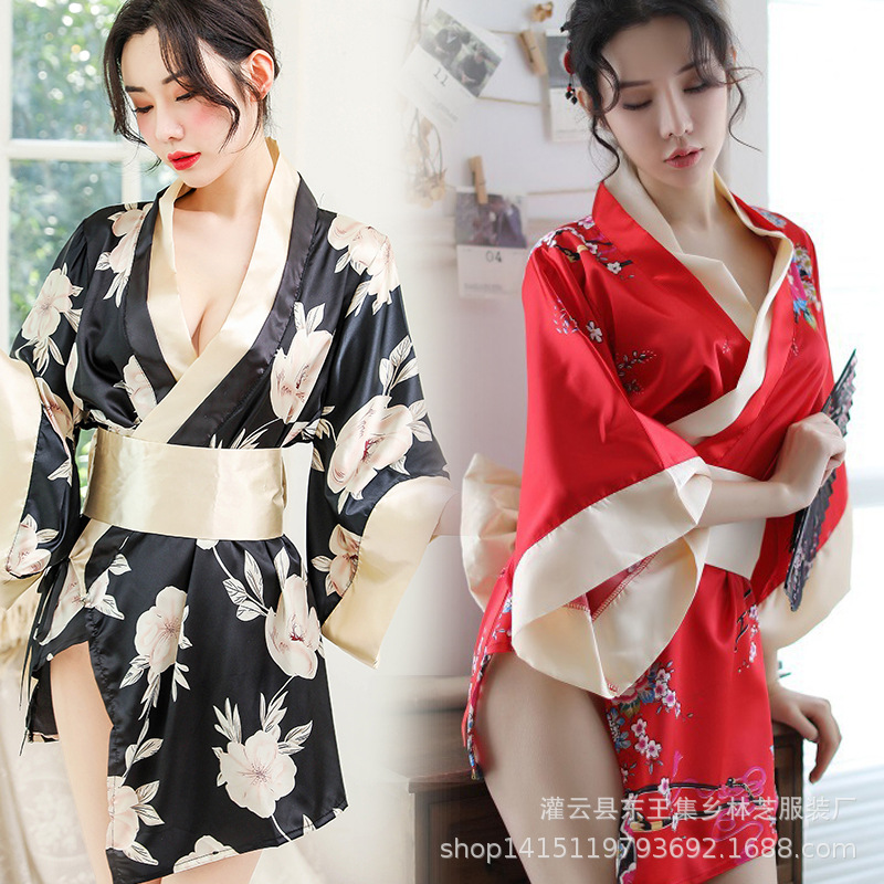 Cross-border foreign trade Real shot sexy floral Japanese kimono lace-up bathrobe large size nightgown new set sexy underwear