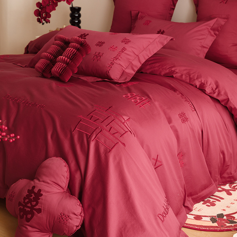 Picture of Baixi new Chinese wedding long-staple cotton satin wedding four-piece cotton cotton embroidered red bedding