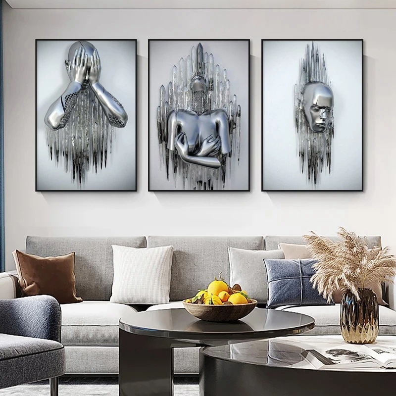 Picture of Scandinavian Home Decoration Canvas Painting Metal Character Statue Poster Hanging Painting Wall Frameless Painting Core Creative Metal
