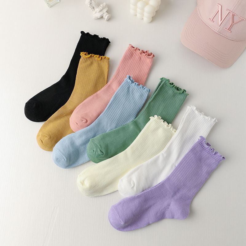 Stacked Socks Spring Thin Breathable Fungus Lace Mid-Length Socks Candy Color ins Academic Style Japanese JK Socks