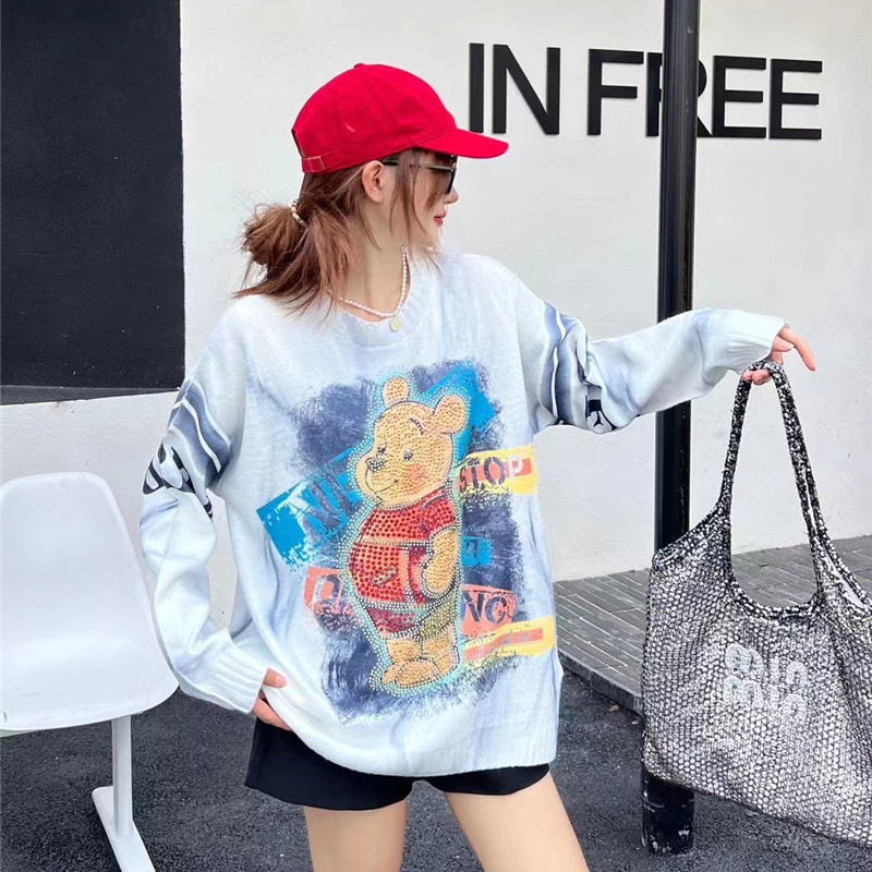 Autumn and Winter Slim Wear Lazy College Style Bear Knitted Sweater Women's Heavy Industry Hot Drilling Loose plus size Top Trendy