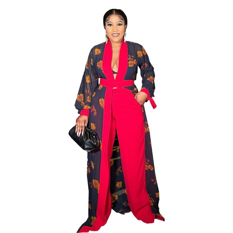 African style digital print fashion slim long shawl robe with solid color knitted wide leg loose trousers special price