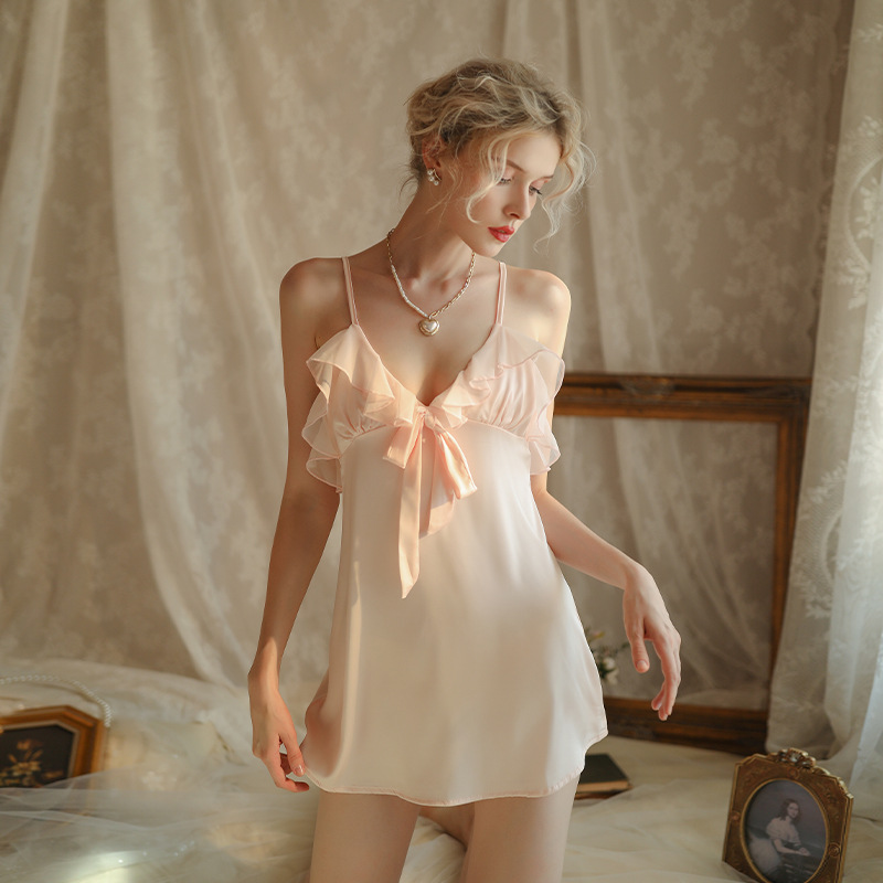 French Sexy Nightgown Women's Deep V Sling Nightgown Lotus Leaf Lace Pure Desire Bow Backless Nightgown Wholesale