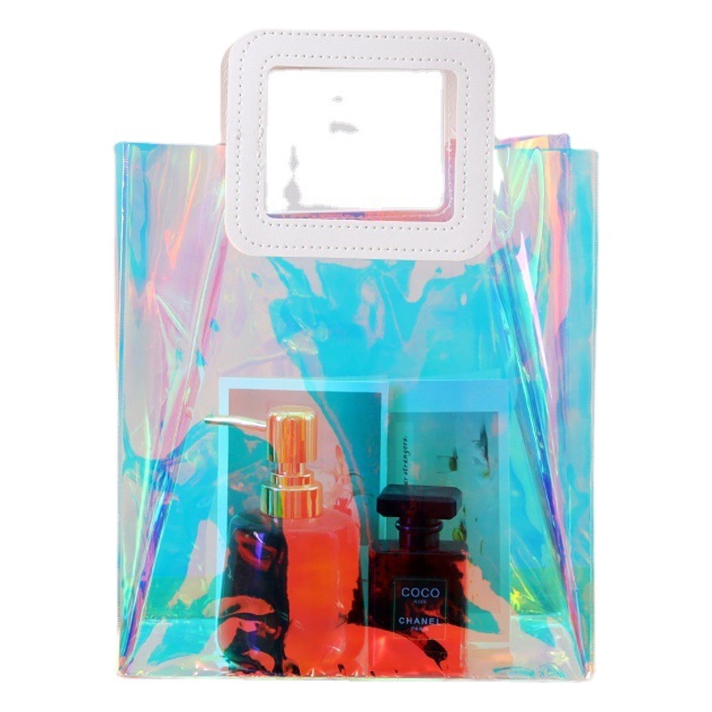 PVC Laser Handbag Customized Advertising Exhibition Magic Color Transparent Gift Shopping Bag Cosmetic Packaging Bag Customized