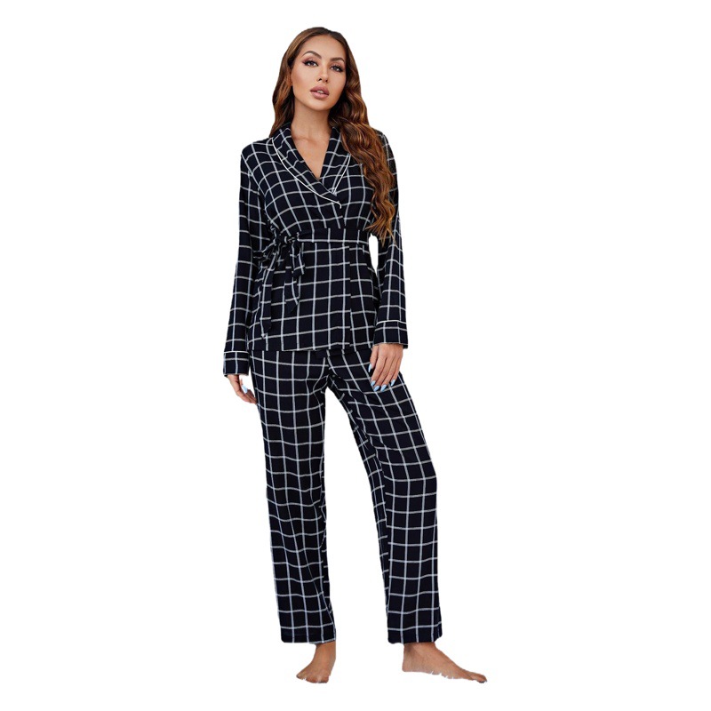 Amazon Europe and the United States cross-border pajamas women's plaid long sleeve deep V-neck home clothes can be worn outside the two-piece size wholesale