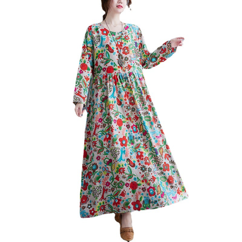 Picture of Foreign trade elegant large swing skirt dress spring and autumn loose plus size women's clothing fat sister ethnic style printed over-the-knee dress