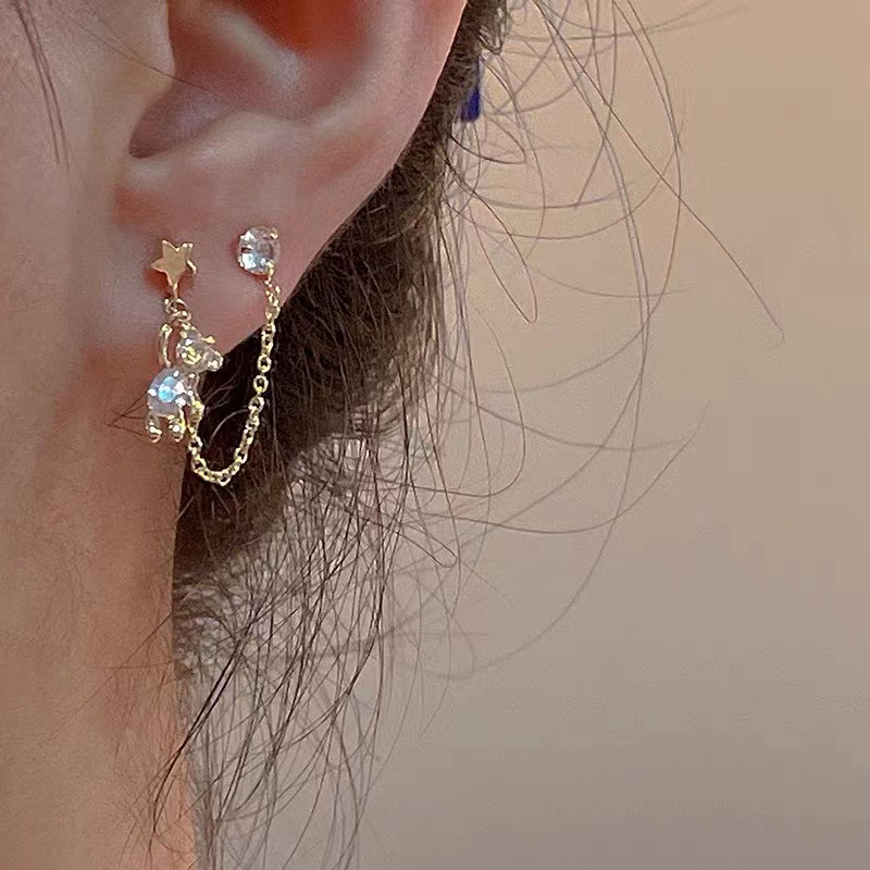 2023 New Cute Bear Double Ear Hole Earrings Women's Niche Design Chain Tassel Cute Easiest for Match Earrings