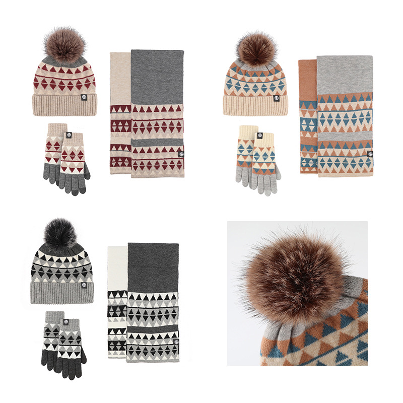 Picture of Winter New Product Japanese Style Knitted Gloves, Scarf and Hat Three-Piece Set Wool Warm and Cold-Proof Fur Ball Scarf Three-Piece Set