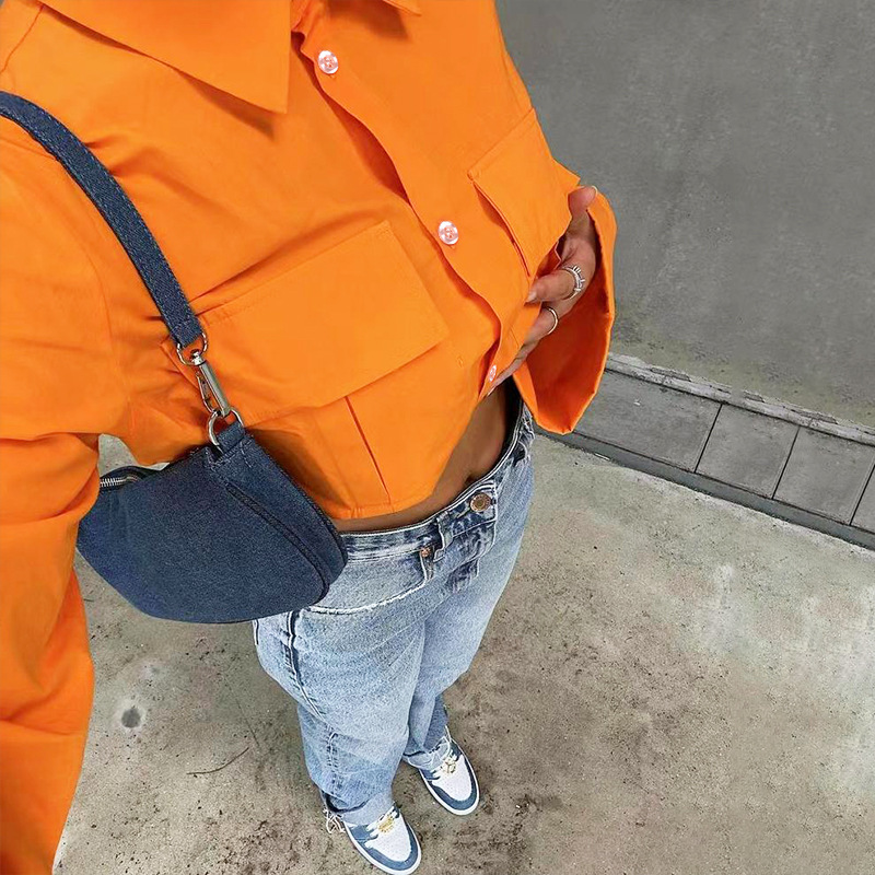 Picture of 2022 European and American Autum New Shirt Sense of Design Pure Color Flap Pocket Pants Short Design Sense of Design Casual Ins Top for Women