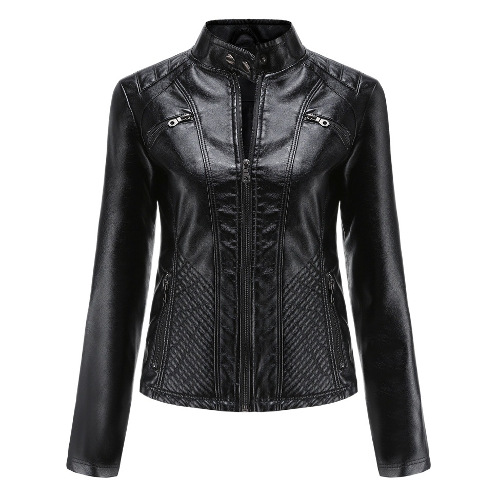 2023 New Women's Casual Leather Jacket Stand Collar Jacket European and American Slim Jacket Women's Spring and Autumn Solid Color Women's Leather Jacket