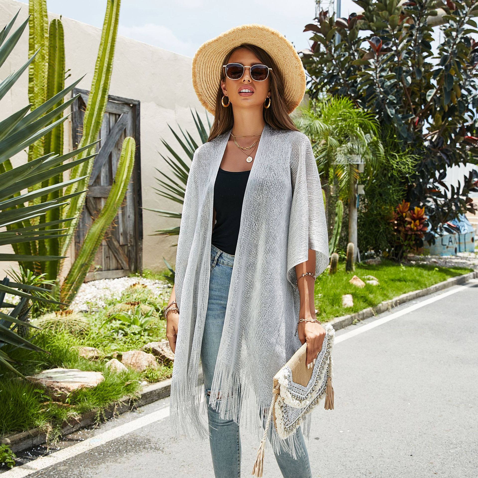 2024 European and American Beach Bikini Coat Sexy Tassel Shawl Women's Knitted Bucket Sunscreen Blouse