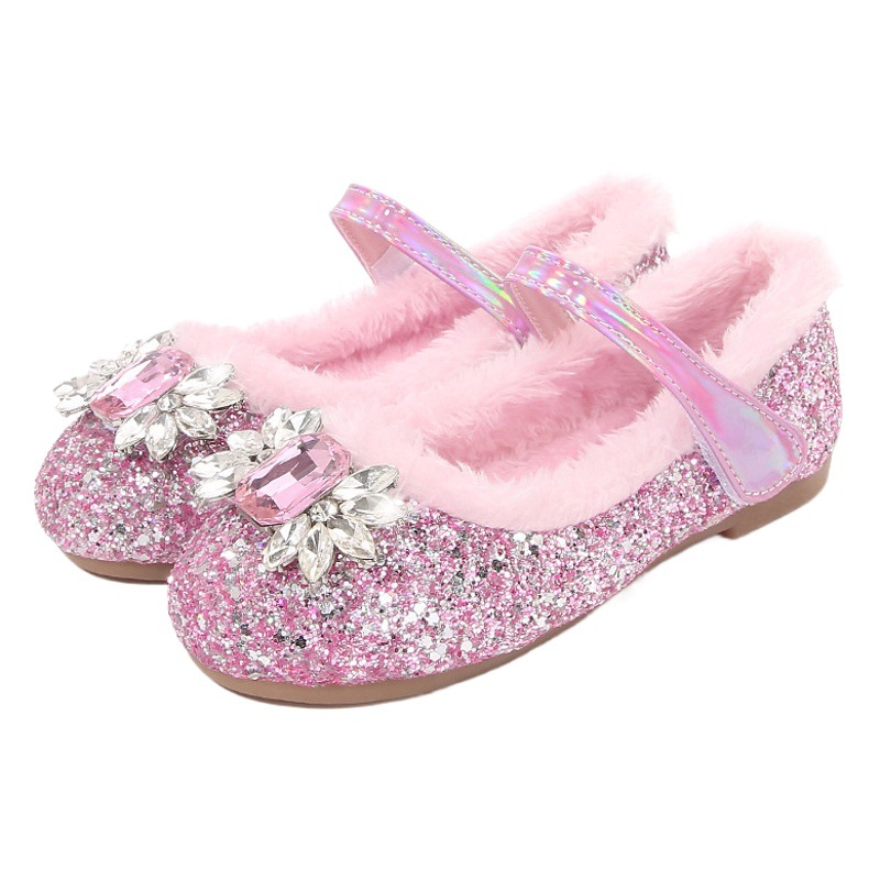 Children's shoes girls' princess shoes autumn and winter Elsa crystal shoes girls' fleece-lined soft sole shoes baby girls' small leather shoes