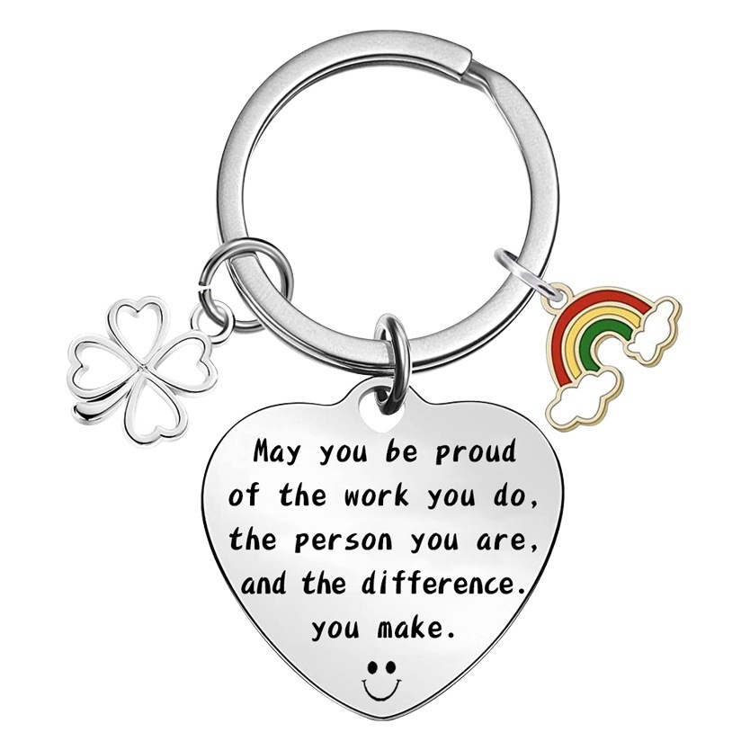 Cross-border Hot Selling Inspirational Good Work Stainless Steel Keychain Lucky Grass Pendant Gift for Good Friends and Colleagues