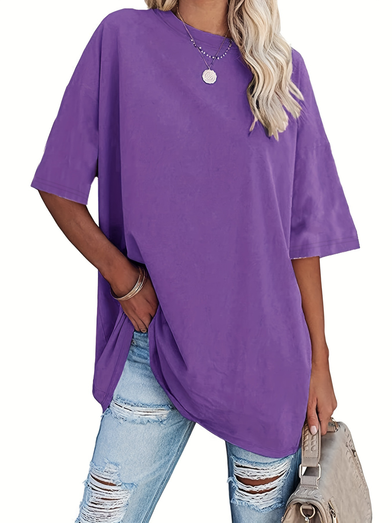 2024 Europe and America Amazon Foreign Trade Cross-border Women's T-shirt Summer New Loose Shoulder Sleeve Round Neck Short Sleeve Top
