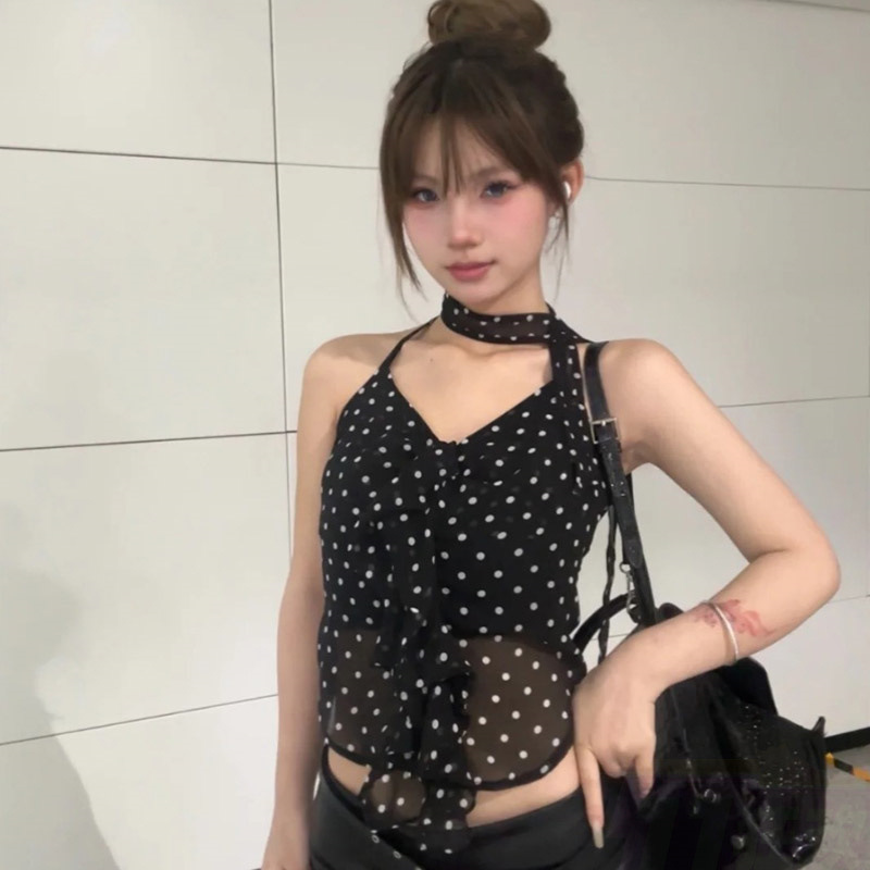 Cross-border Factory Foreign Trade Spice Girl Design Sense Slim-fit Top Wave Dot Micro-transparent Chiffon Halter Sling Small Vest for Women in Summer