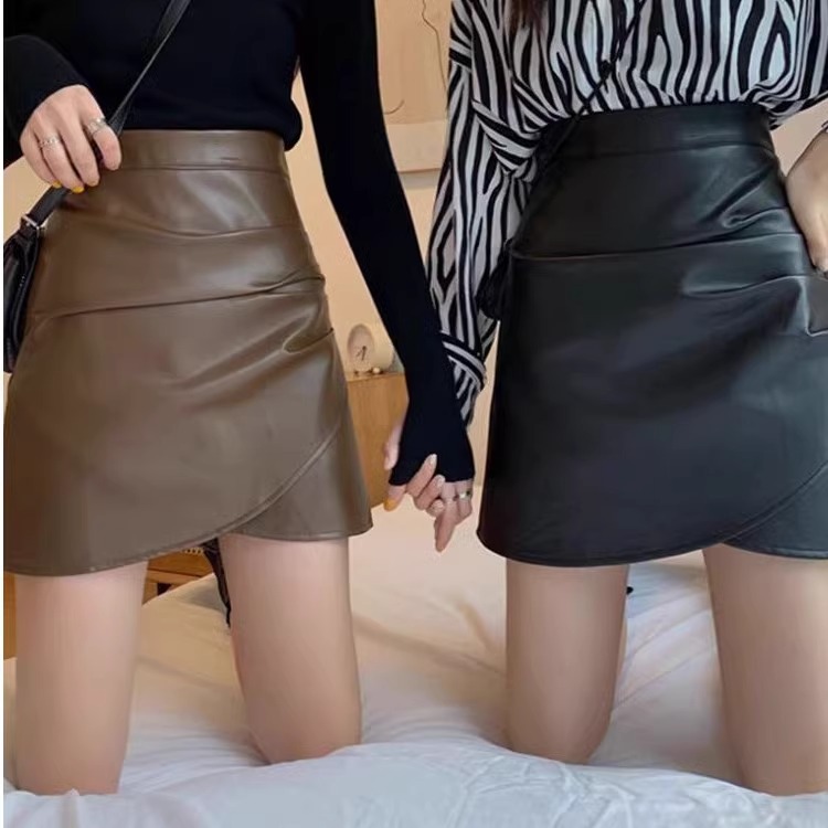 Black Leather Skirt Women's Spring Autumn and Winter plus size chubby girl Hot Girl High Waist Pleated Anti-walking Sheath A- line Slimming Skirt