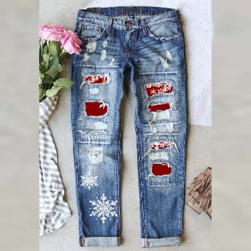 Europe and the United States 2022 new Amazon independent station wish cross-border street printing hole straight tube Denim pants women
