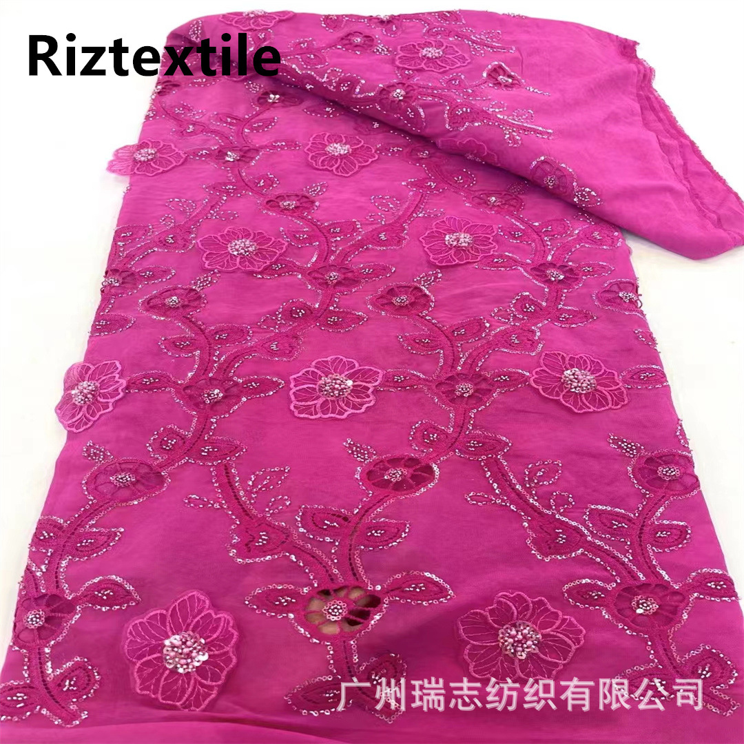 Picture of Wholesale African Cut Out Beaded Lace Fabric Evening Dress Sequin Embroidered Fabric African Sequins Lace