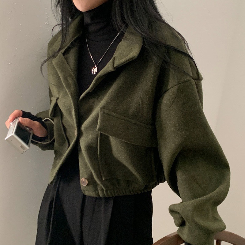 Picture of Autumn and Winter Loose Woolen Coat for Women Plus Size Pocket Small Stand Collar Top Long Sleeve Button Hong Kong Style Woolen Women's Clothing Wholesale