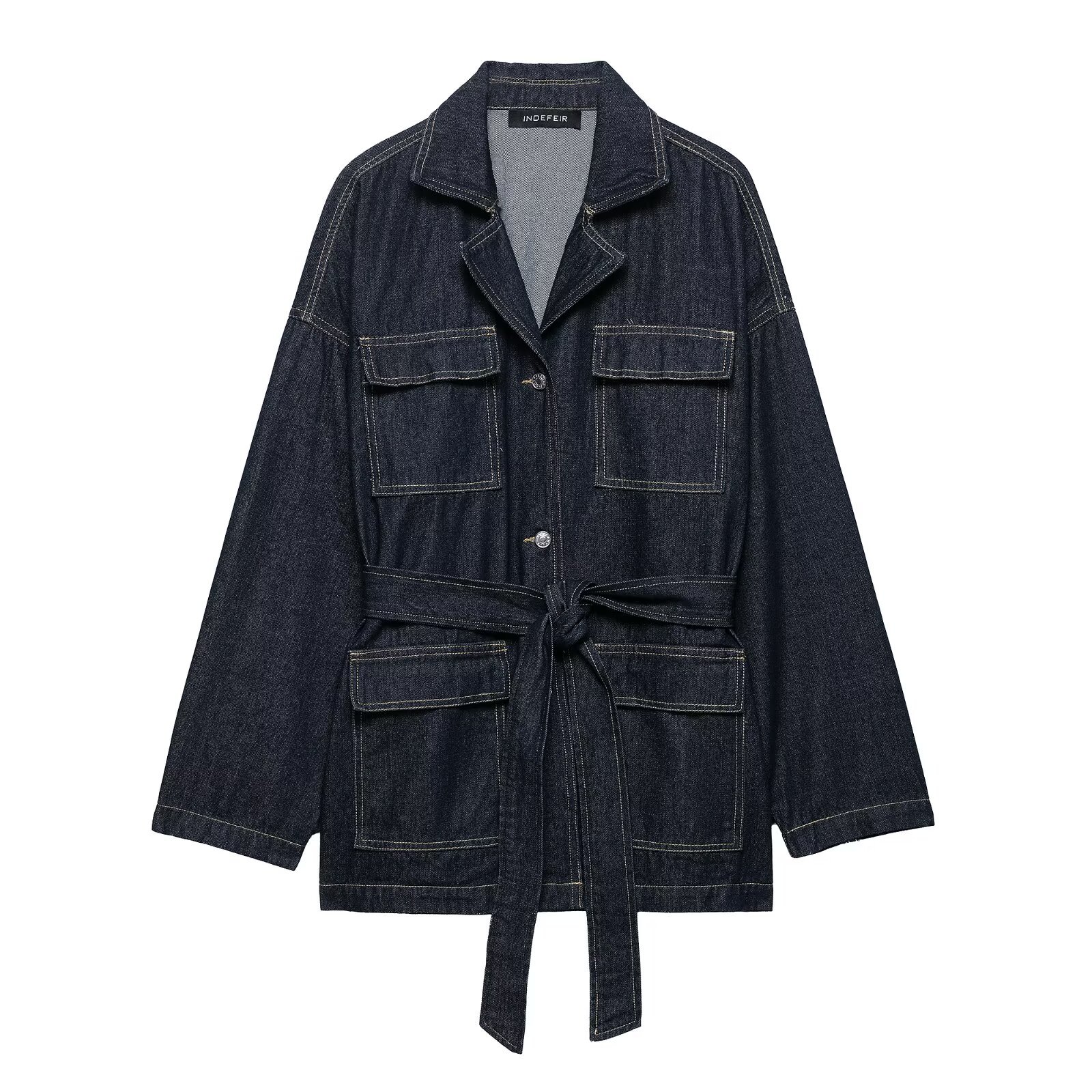 Za Cross-Border Women's Clothing Wholesale European and American Style 2025 Autum New Lapel with Belt Work Style Denim Jacket
