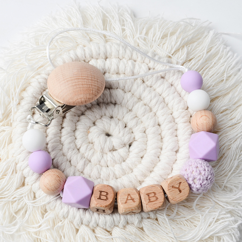 Picture of New Beech pacifier clip Beech letters BABY silicone octagonal beads wool crochet anti-drop chain
