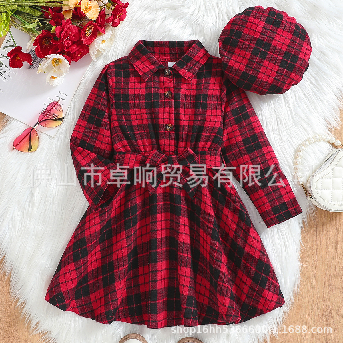 Zx00120 Cross-Border Girls Christmas Red Plaid Belt Hat Dress Independent Station Supply Supports Pictures