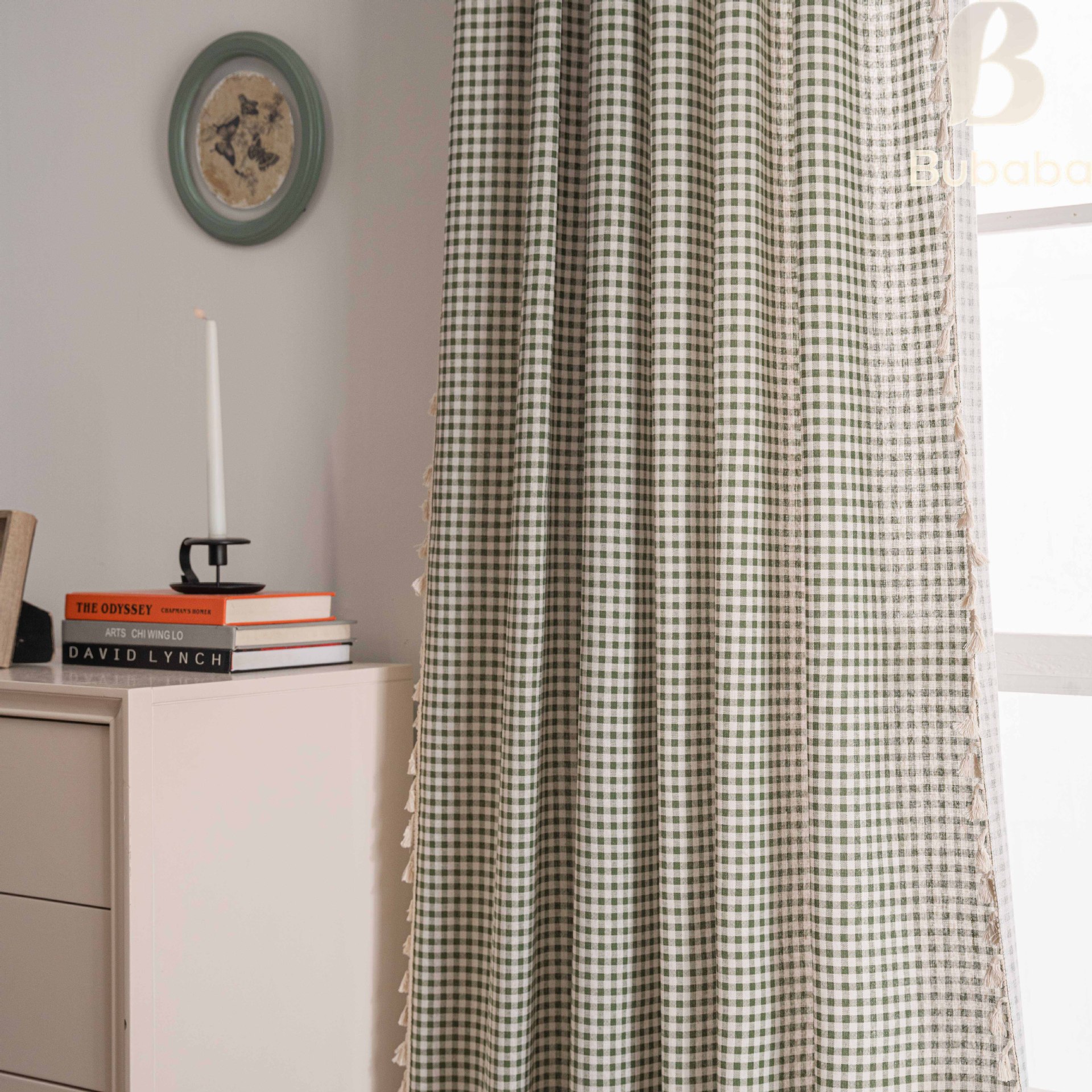 Picture of Flying cat cross-border new curtain plaid printed kitchen curtain beige tassel semi-shading decorative curtain factory wholesale
