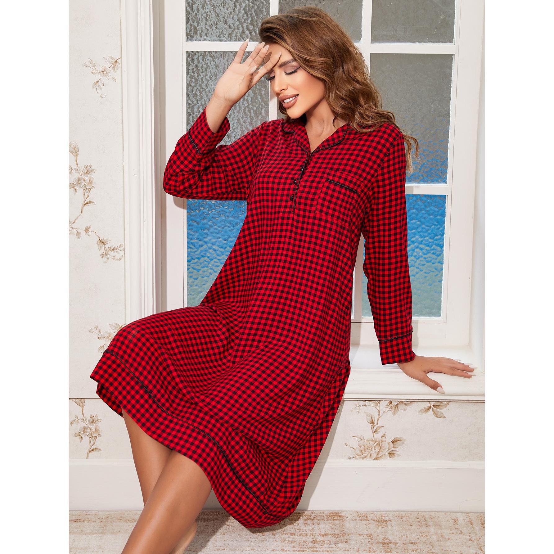 European and American Cross-Border Long Nightgown for Women Christmas Red Plaid Loose Long-Sleeved Home Wear Pajamasпижаovic