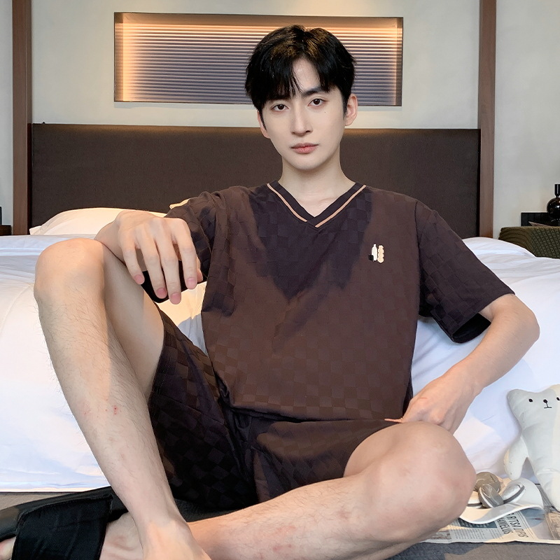 Summer jacquard cotton V-neck pajamas men's short-sleeved shorts outerwear Korean fashion student plus size homewear suit