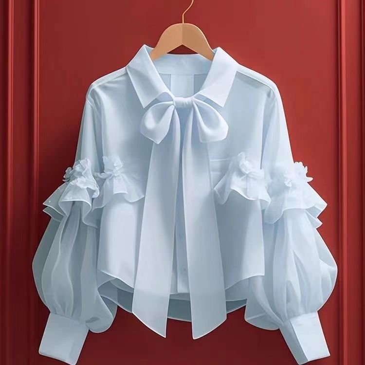 Picture of New Tops for Women 2025 Early Autumn Vintage French Unique Beautiful Green Bow Long-Sleeved Shirt A2918