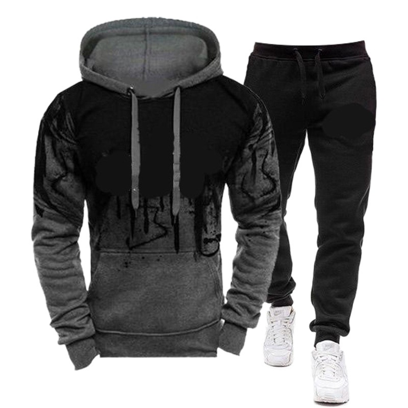 2020 Autumn and Winter New Men's Splash Ink Printed Casual Sweater Long Sleeve Hoodie Hoodie Sweatshirt Jacket Set