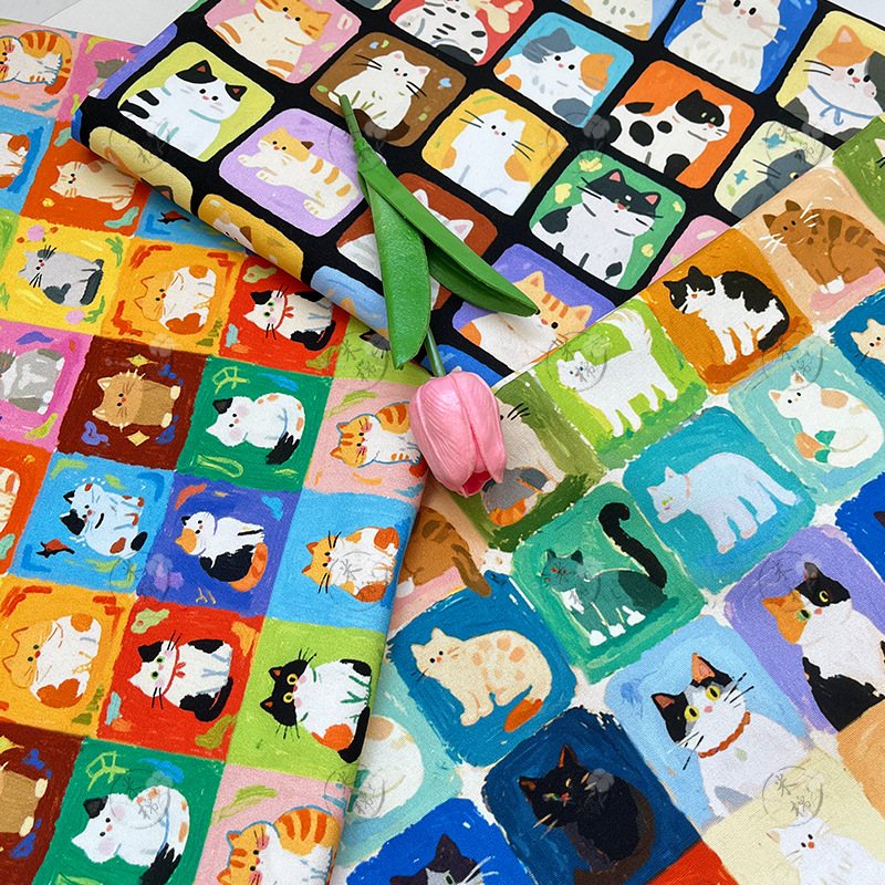 Plaid cat series cotton Ba'an canvas bag jacket pet cushion outing bag vest handmade DIY fabric