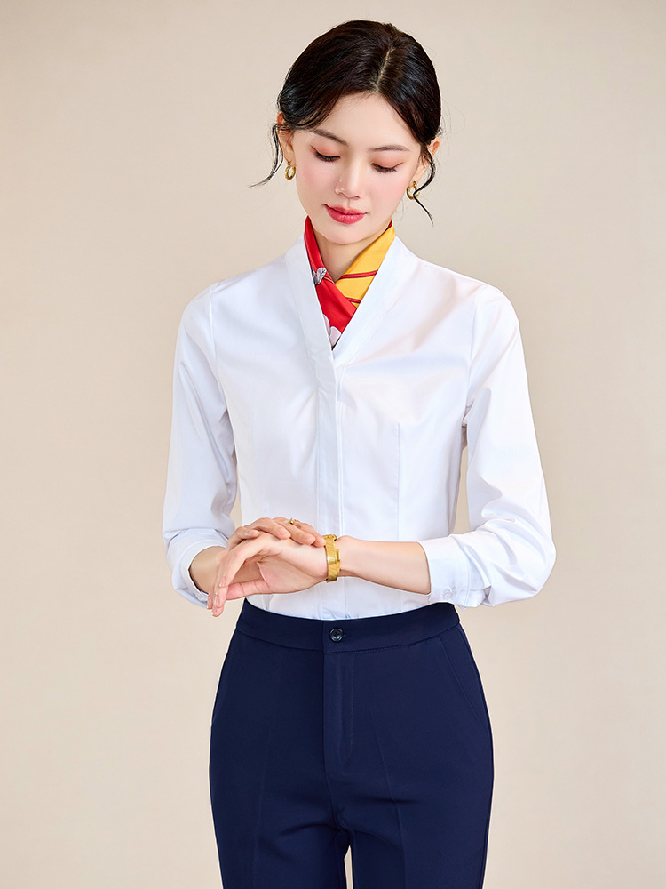 V-neck shirt women's spring and autumn long-sleeved overalls professional impervious formal attire college students interview shoulder white shirt inch