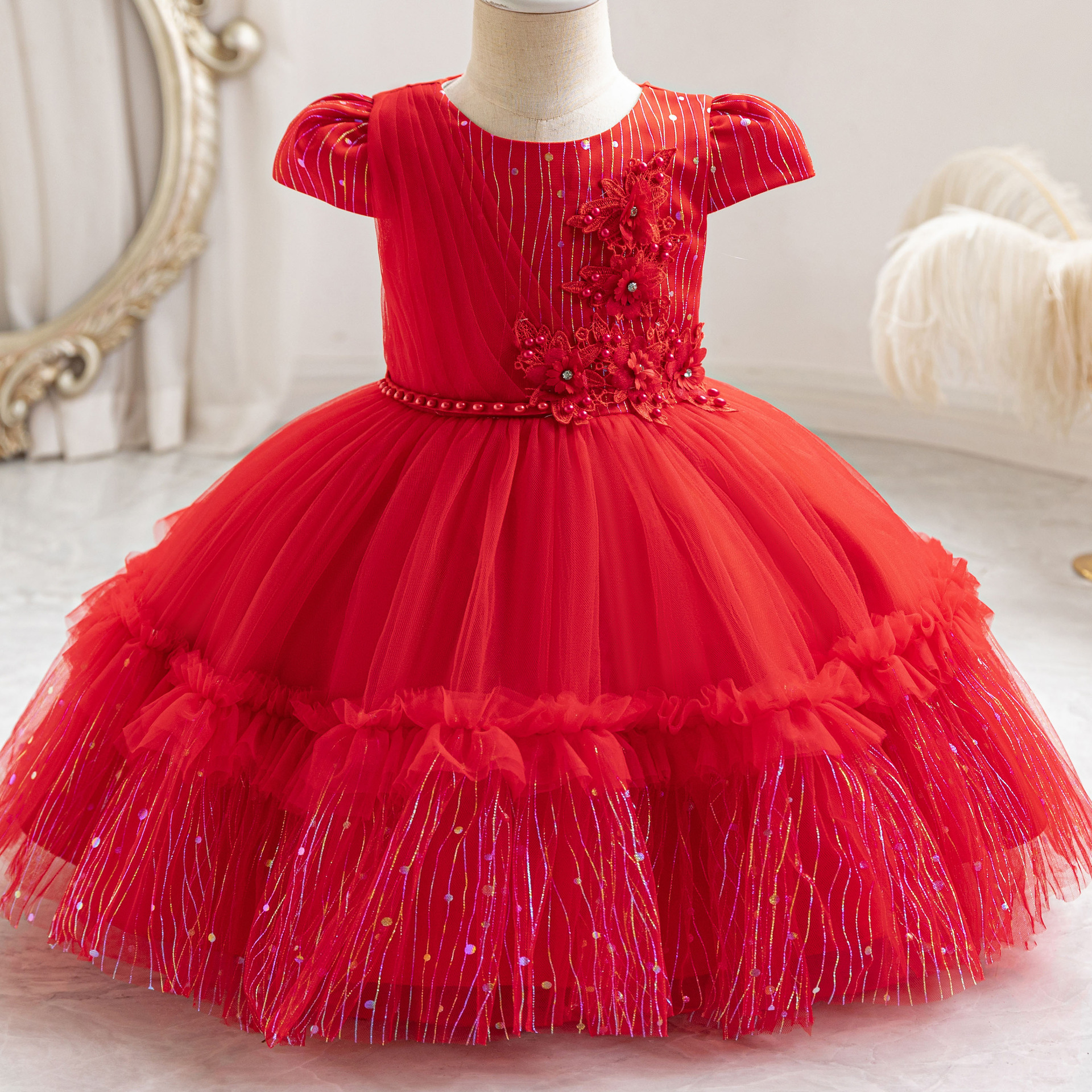 Foreign Trade Girls dress Red Puffy Yarn Princess Dress Female Baby's First Birthday Dress Girl Dress