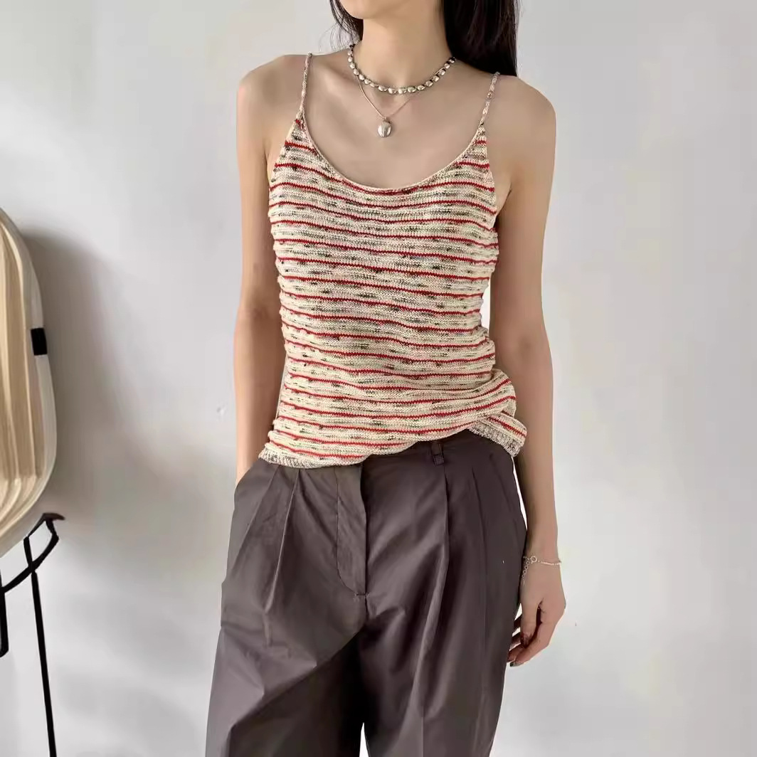 Nanyou 2024 Spring and Summer New Women's Design Sense Slim-fit Elegant Comfortable Color Strip Knit Top
