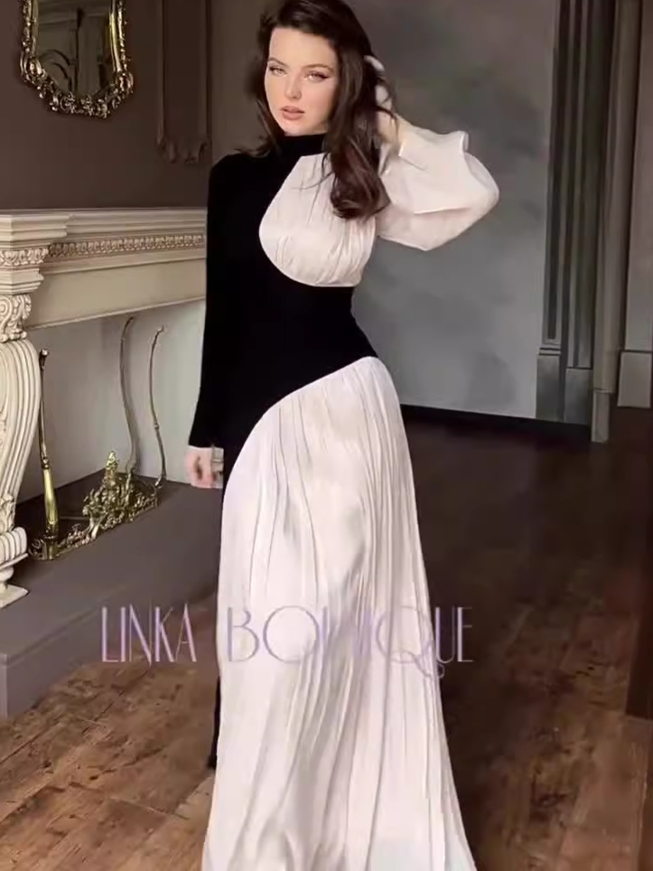 Cross-Border Amazon 2024 European and American Spring New Round Neck Color-Blocked Long-Sleeved Slim Belt Retro Dress